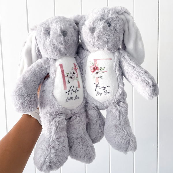 Two bunnies with floral initials for a Big Sister and Little Sister