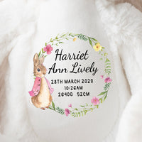 A white bunny soft toy with new baby birth announcement in a Flopsy Rabbit design, lovingly made by Ayla & Lara.