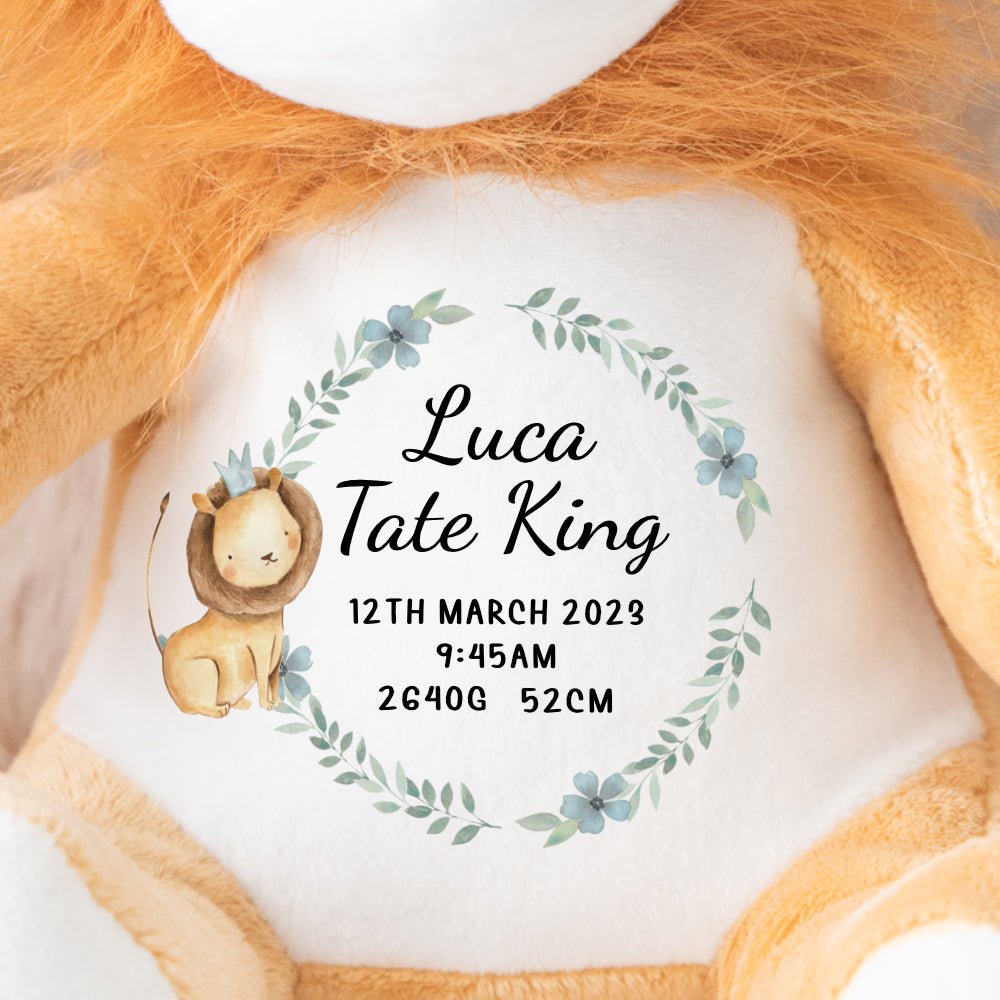 A lion teddy soft toy with personalised baby announcement details made by Ayla & Lara.